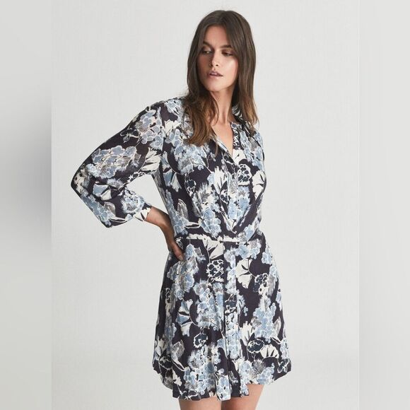 Reiss Abbie Floral Printed Mini Dress in Blue Women's Size 2 - Picture 2 of 12